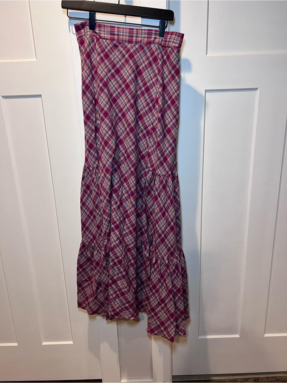 NATURAL LIFE Pink Plaid Tiered Maxi Skirt